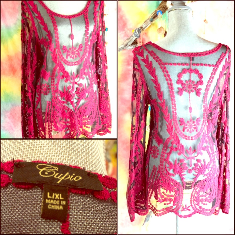 Gorgeous Deep red and Black sheer Lace long sleeved top EC